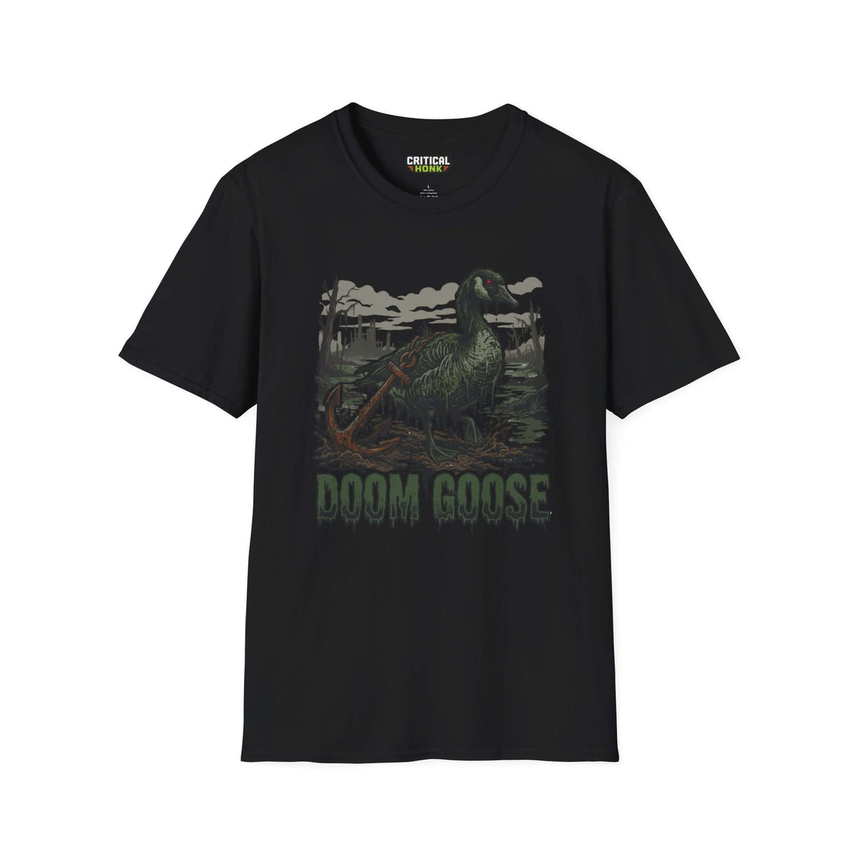 Doom goose T-Shirt in black featuring a unique goose graphic, part of the Critical Honk Collection.