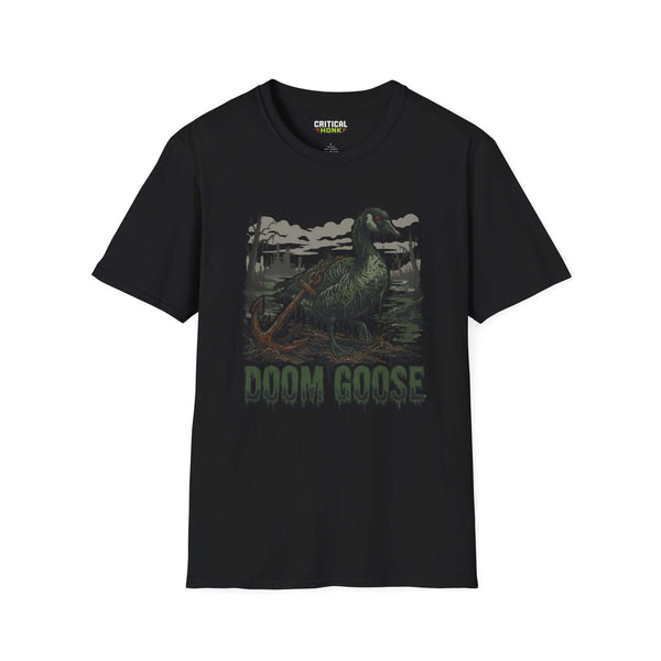 Doom goose T-Shirt in black featuring a unique goose graphic, part of the Critical Honk Collection.
