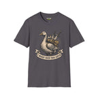 Charcoal I might need this later T-Shirt featuring a duck with swords and equipment in Critical Honk Collection.