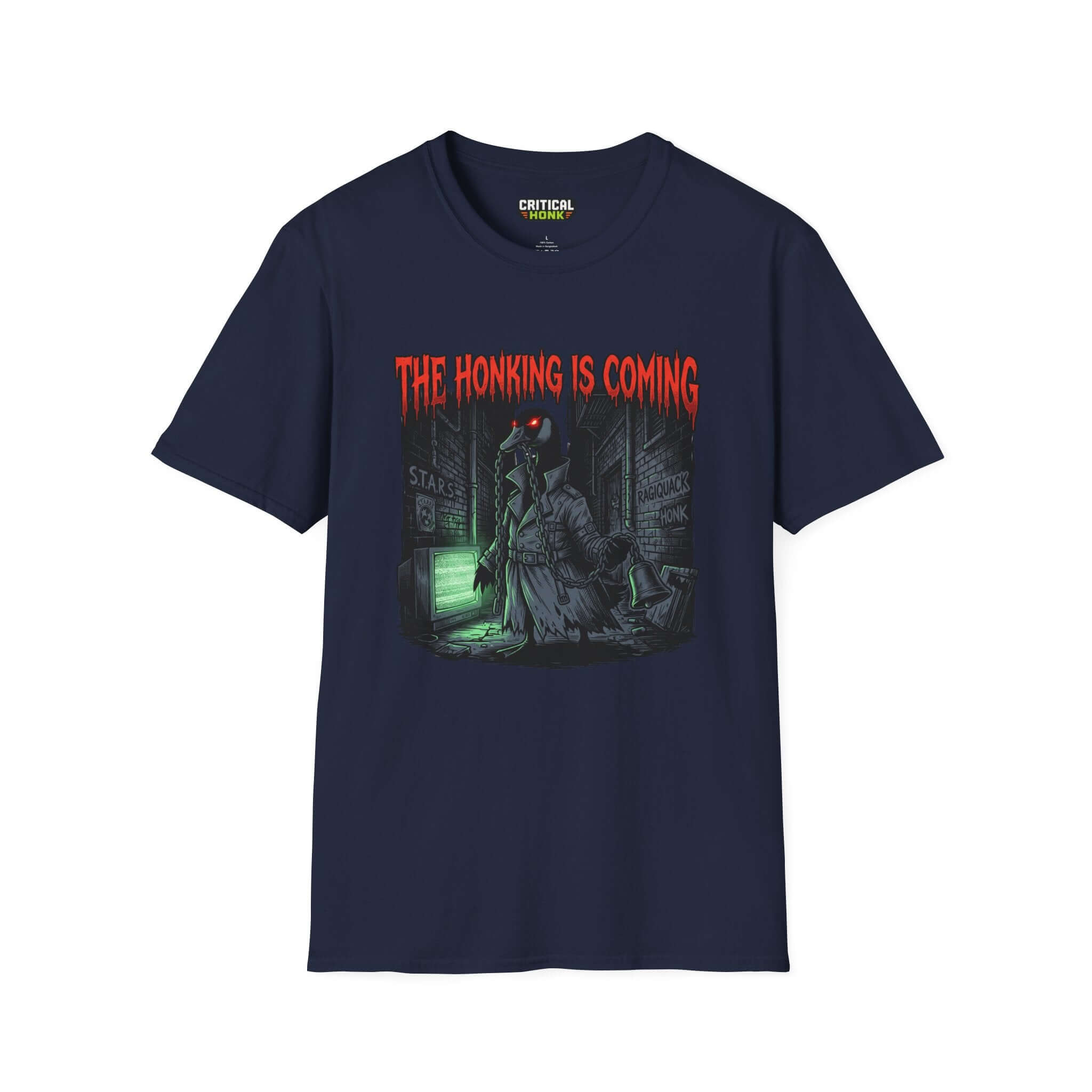 Honking is coming T-Shirt in navy, featuring spooky graphics, unisex fit, made from soft ring-spun cotton.