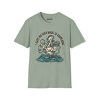 No idea what is happening T-Shirt in sage color, featuring a cartoon duck with headphones and team strategy maps.