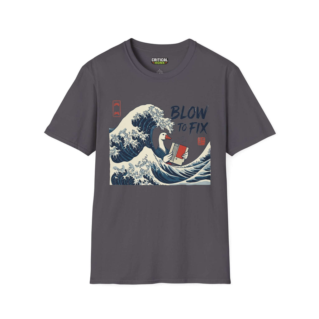 Blow to fix T-Shirt in charcoal featuring a wave design with a duck, part of the Critical Honk Collection.