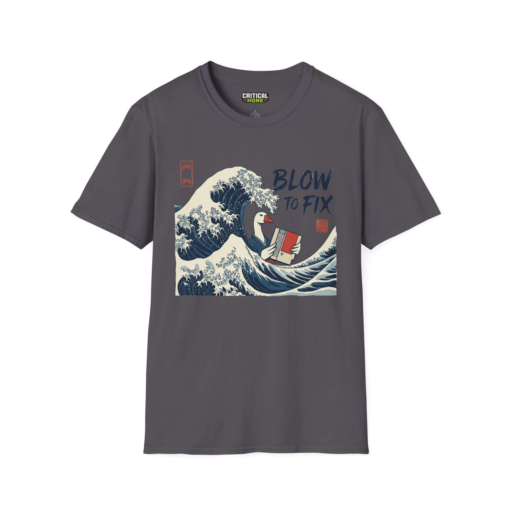Blow to fix T-Shirt in charcoal featuring a wave design with a duck, part of the Critical Honk Collection.