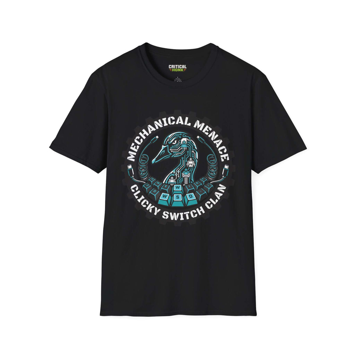 Mechanical menace T-Shirt featuring a graphic design on a black Gildan Softstyle shirt, part of the Critical Honk Collection.