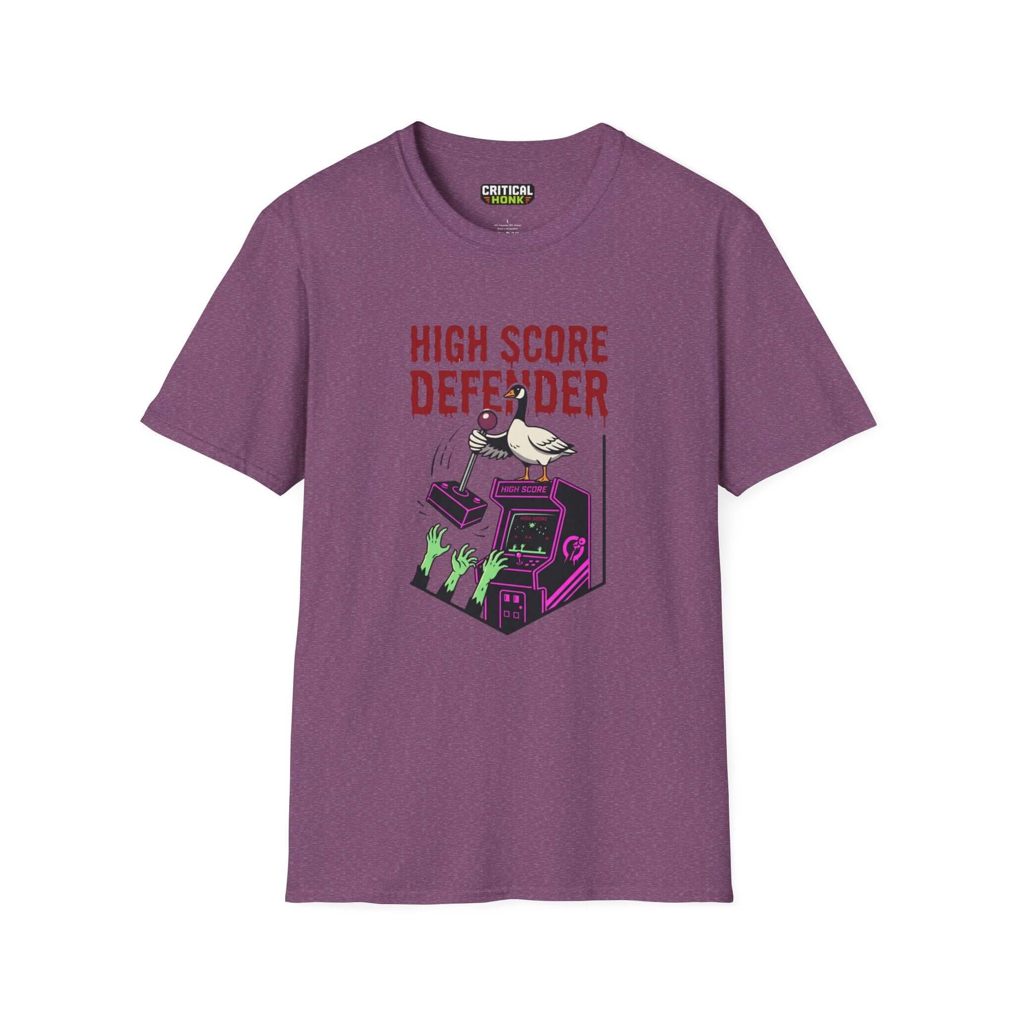 High score T-Shirt in Heather Maroon featuring a playful design with a swan and arcade graphics from Critical Honk.