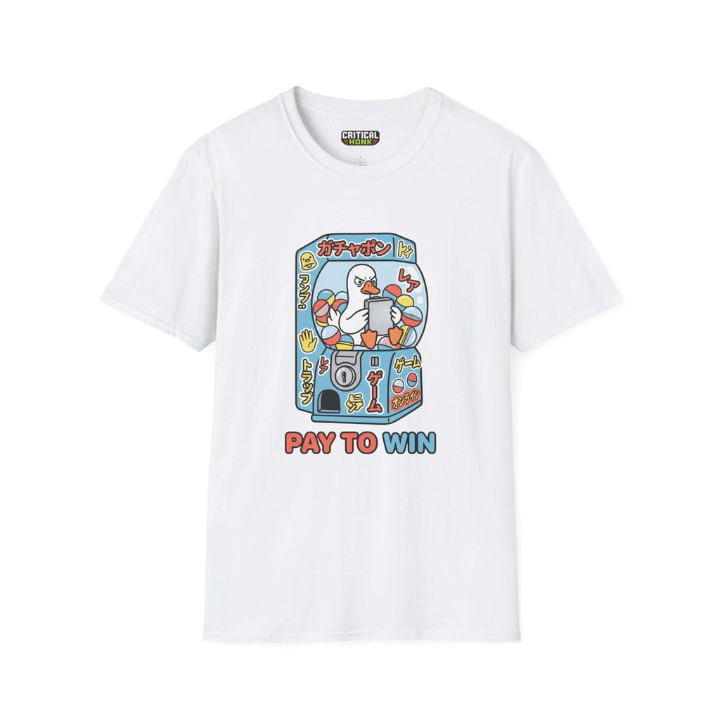 Pay to win T-Shirt featuring colorful graphic design on a white Gildan Softstyle fabric.