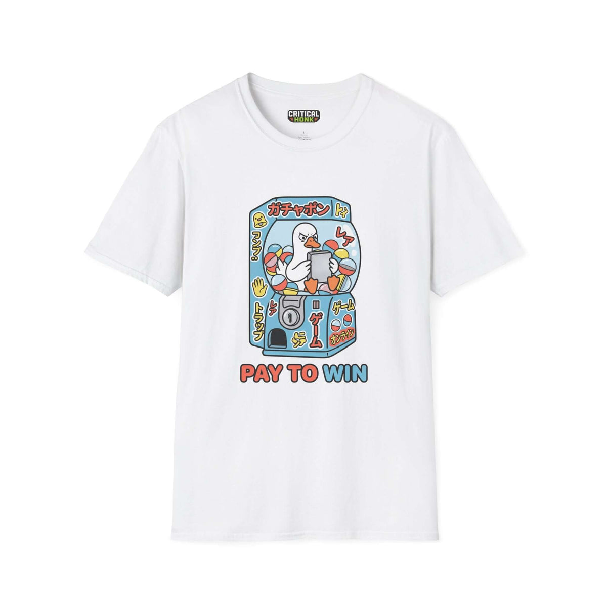 Pay to win T-Shirt featuring colorful graphic design on a white Gildan Softstyle fabric.