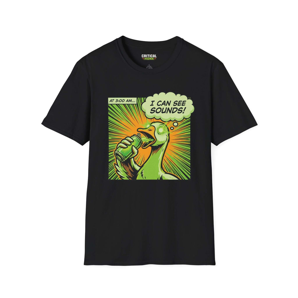 I can see sounds T-Shirt featuring a colorful graphic on a black Gildan Softstyle tee, perfect for chaos inspired apparel.