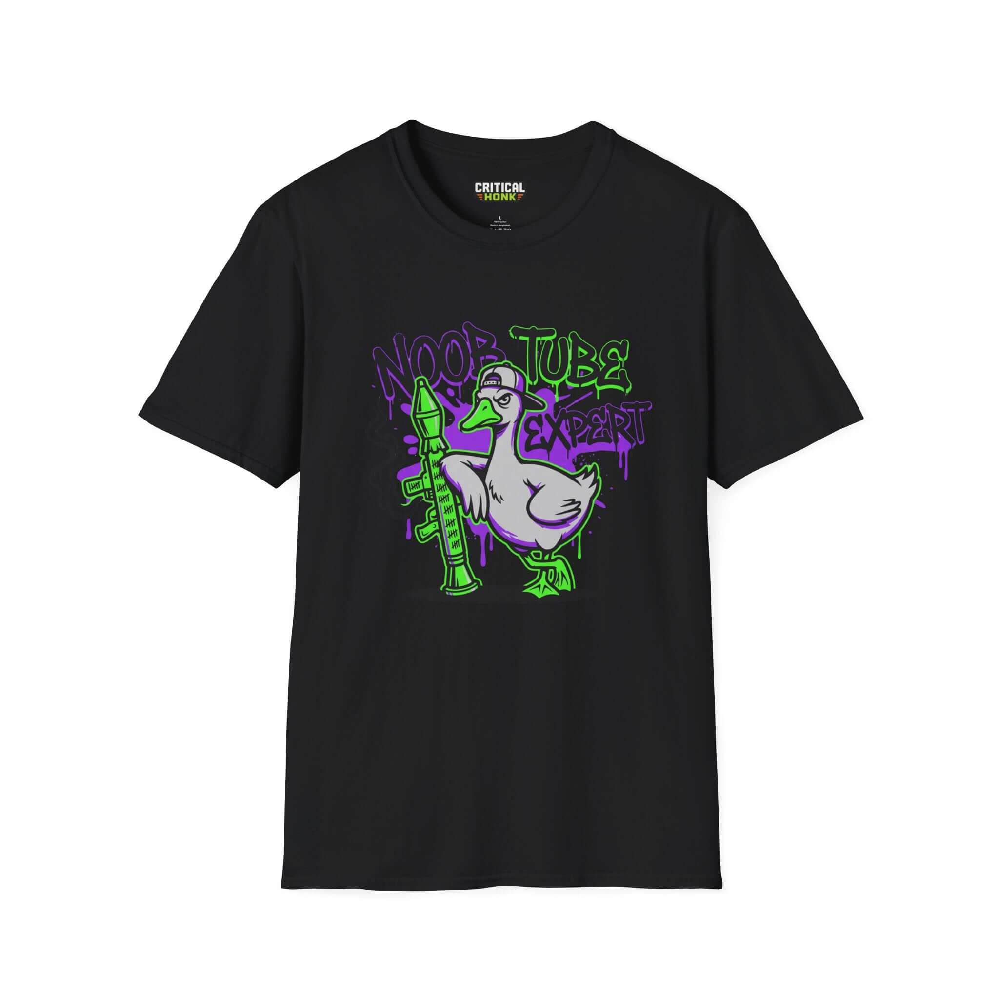 Noob tube T-Shirt featuring a duck graphic and vibrant colors on a black Gildan Softstyle fabric.