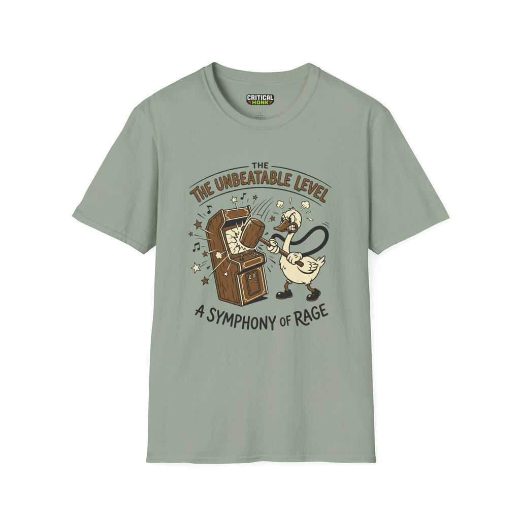 The unbeatable level T-Shirt in Sage color featuring a design of a duck with an arcade machine.
