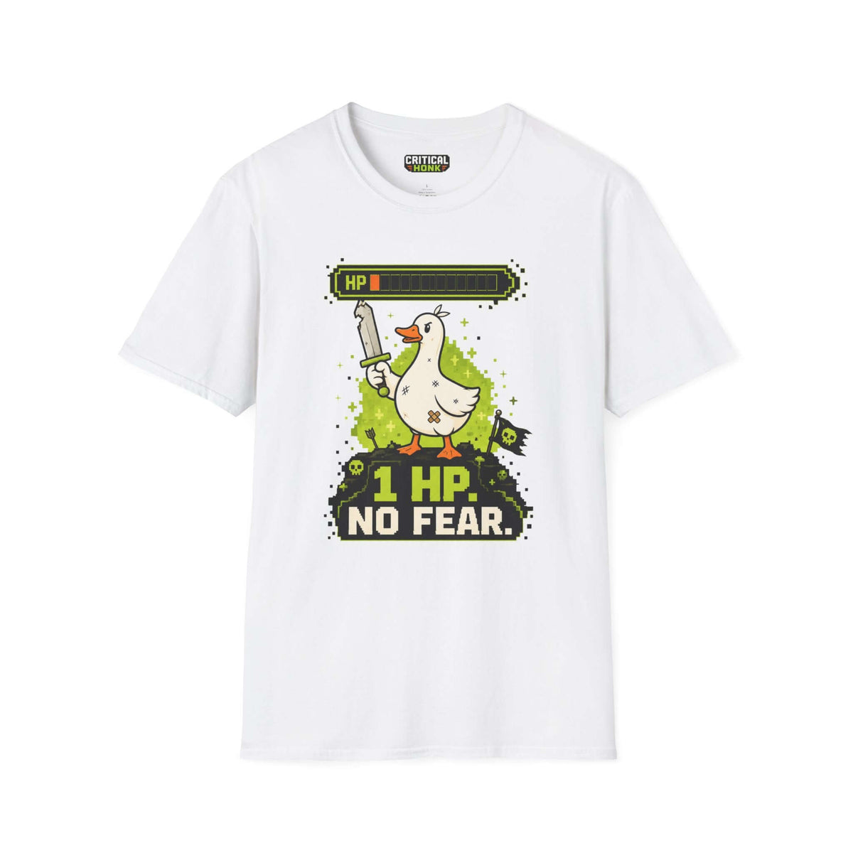 One hp T-Shirt featuring a cartoon duck with a sword on a white background, Chaos Inspired Apparel.