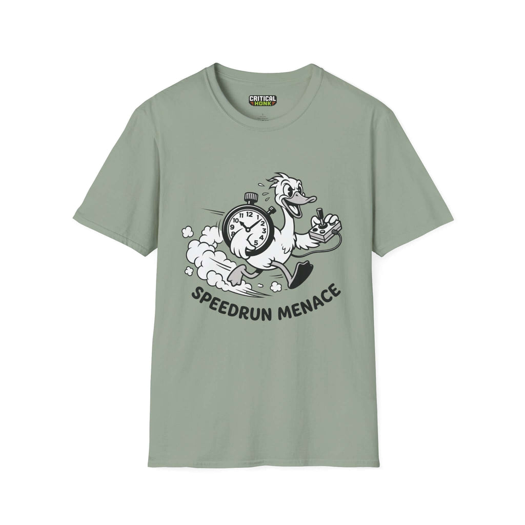 Speedrun menace T-Shirt in sage color, featuring a whimsical design with a duck and clock, part of the Critical Honk collection.