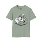 Speedrun menace T-Shirt in sage color, featuring a whimsical design with a duck and clock, part of the Critical Honk collection.