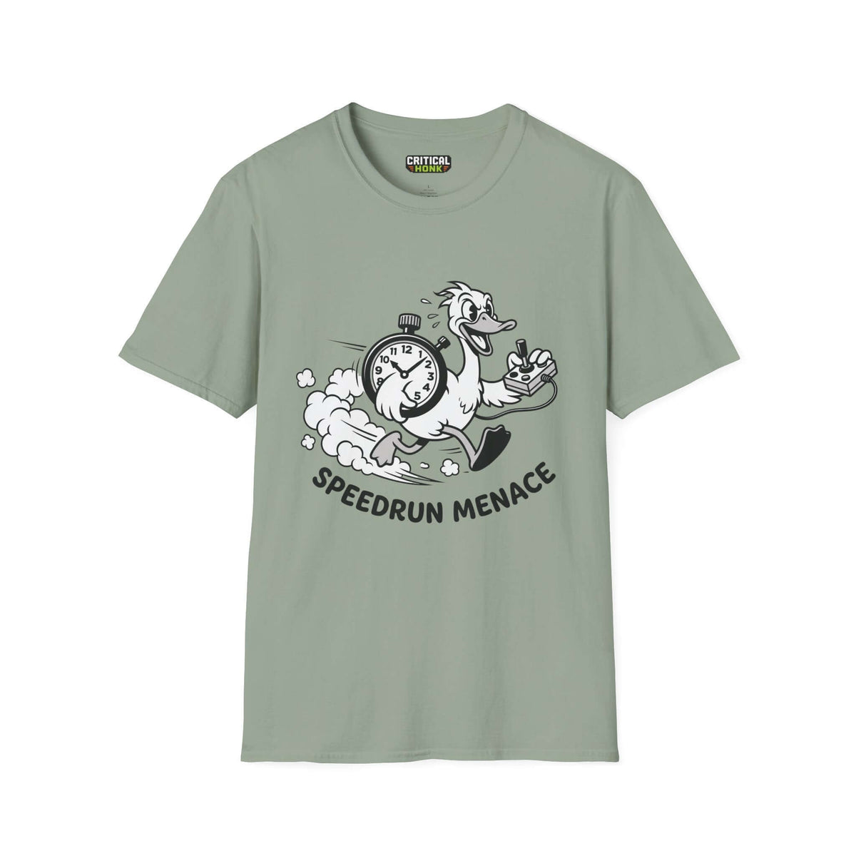 Speedrun menace T-Shirt in sage color, featuring a whimsical design with a duck and clock, part of the Critical Honk collection.