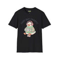 Cozy but chaotic T-Shirt in black featuring a cartoon duck wearing headphones and a sweater, from the Critical Honk Collection.