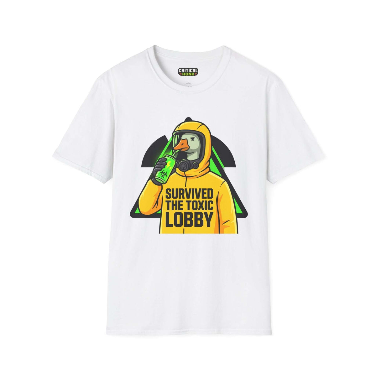 Survived toxic T-Shirt featuring a cartoon character in a hazmat suit on a white background.