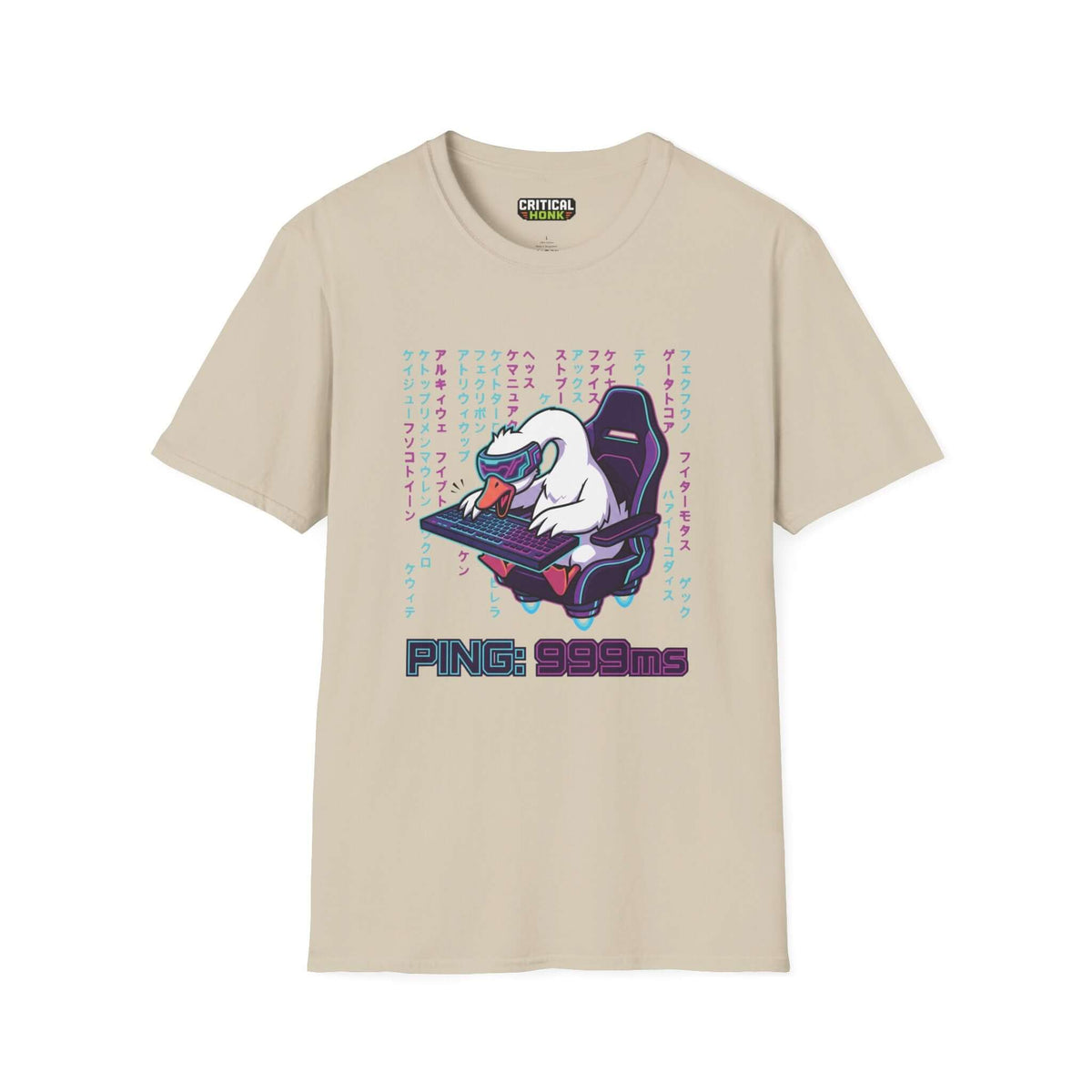 Ping 999ms T-Shirt in sand color featuring a gaming-inspired design and unisex fit, made of 100% ring-spun cotton.