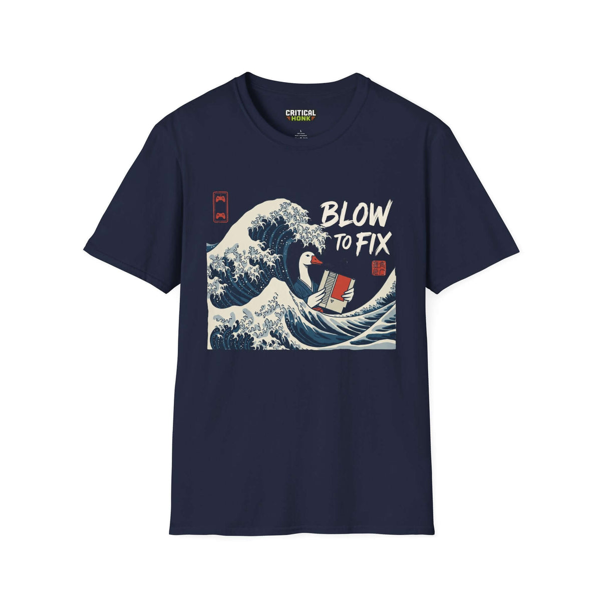 Blow to fix T-Shirt featuring a striking wave design on a navy Gildan Softstyle tee, 100% ring-spun cotton.