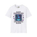 Block-dropping-bird T-Shirt featuring pixel art design on white fabric from the Critical Honk collection.