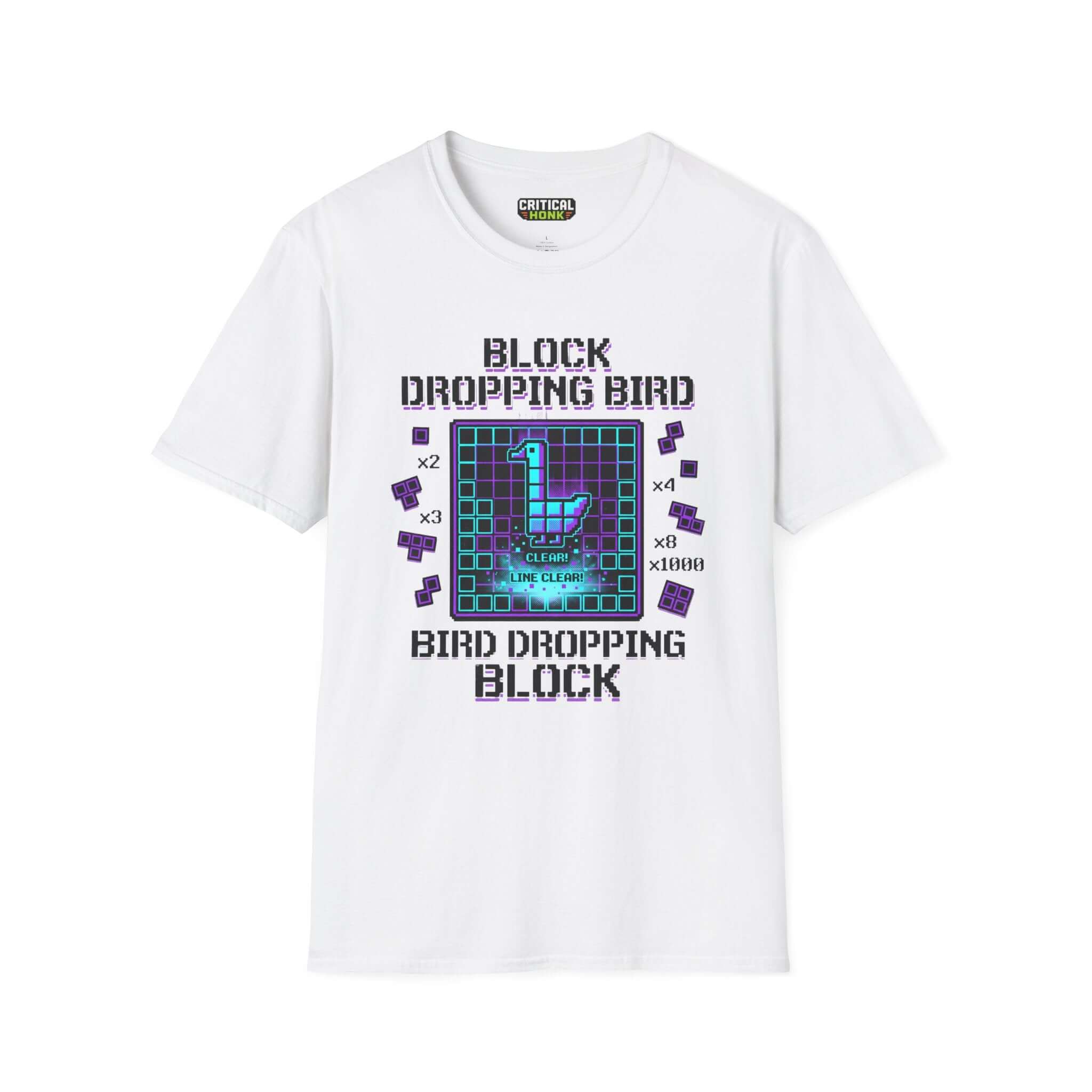 Block-dropping-bird T-Shirt featuring pixel art design on white fabric from the Critical Honk collection.