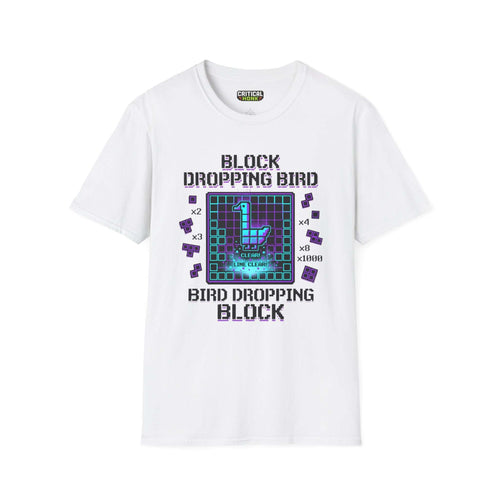 Block-dropping-bird T-Shirt featuring pixel art design on white fabric from the Critical Honk collection.