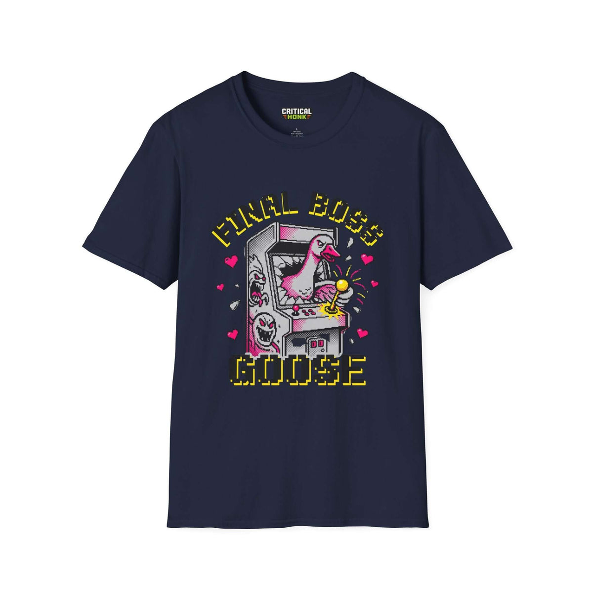 Final-boss-goose T-Shirt featuring arcade design on navy background from Critical Honk Collection.