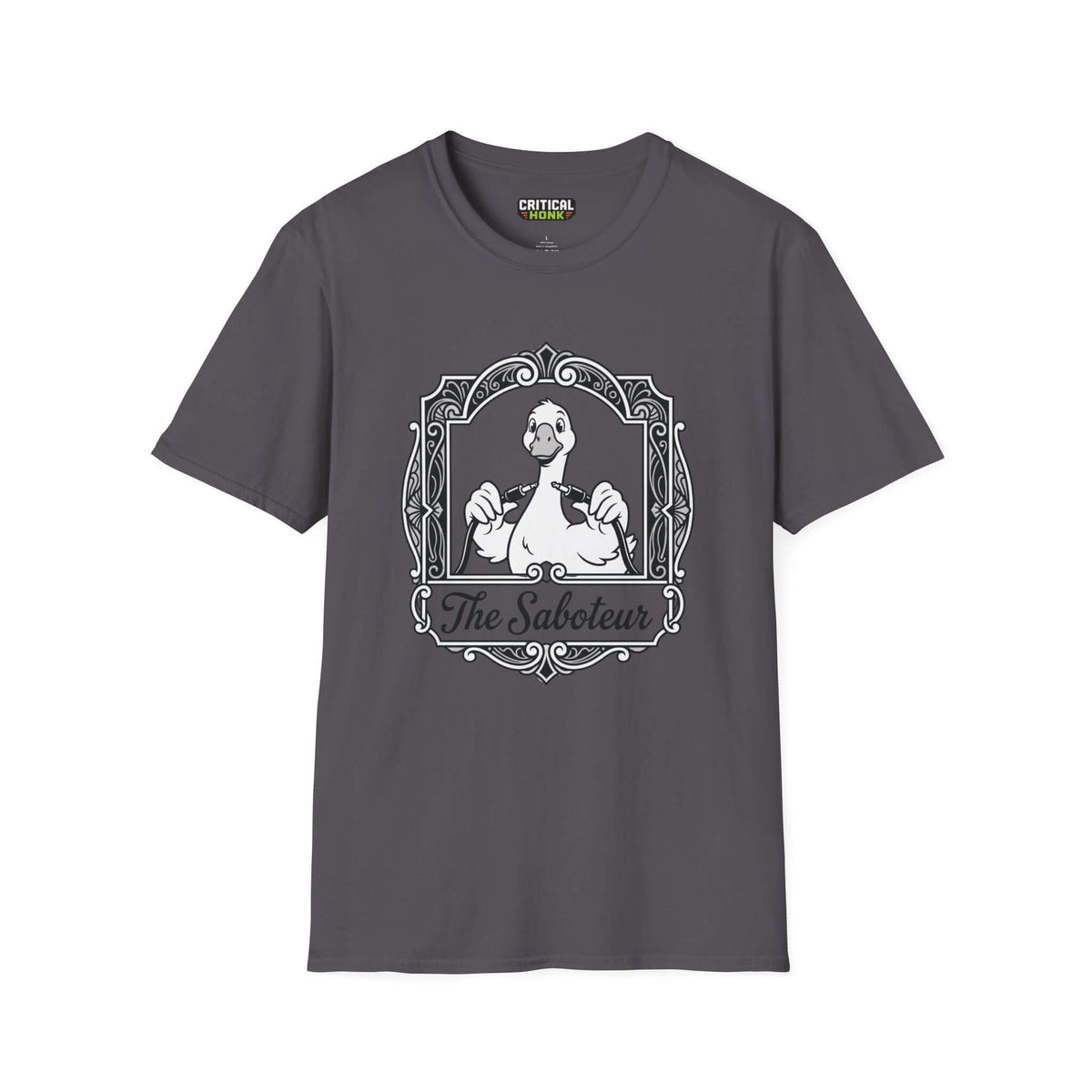 The saboteur T-Shirt in charcoal, featuring a unique design of a duck with a striking graphic.
