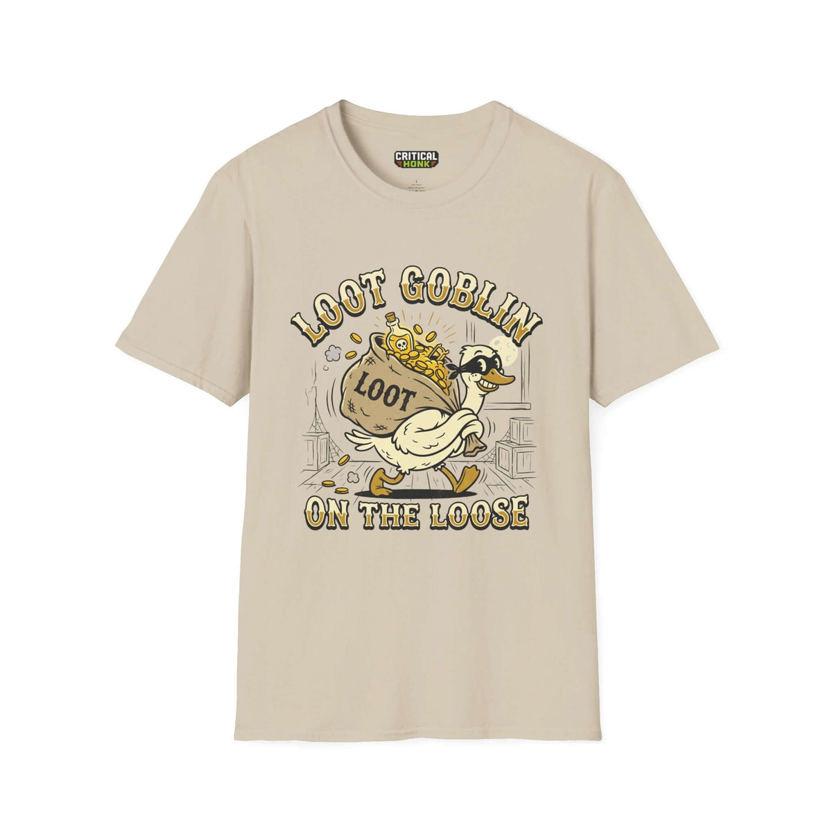 Loot Goblin T-Shirt in sand color featuring a duck carrying loot, part of the Critical Honk Collection.