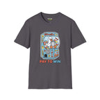 Pay to win T-Shirt featuring a graphic design on a charcoal Gildan Softstyle shirt, fun and casual fit.