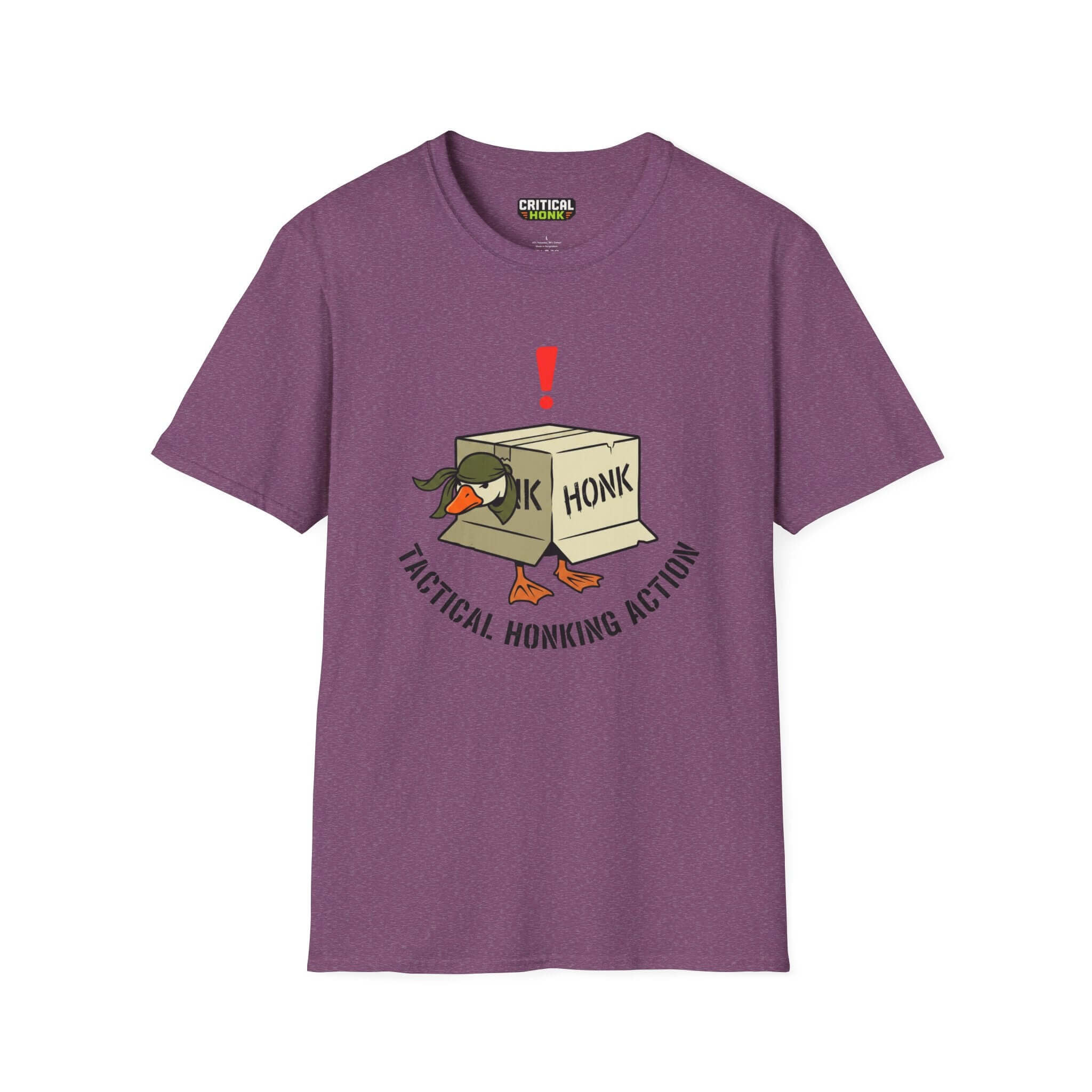 tactical honking action T-Shirt in Heather Maroon featuring a duck and box design, made from 100% ring-spun cotton.