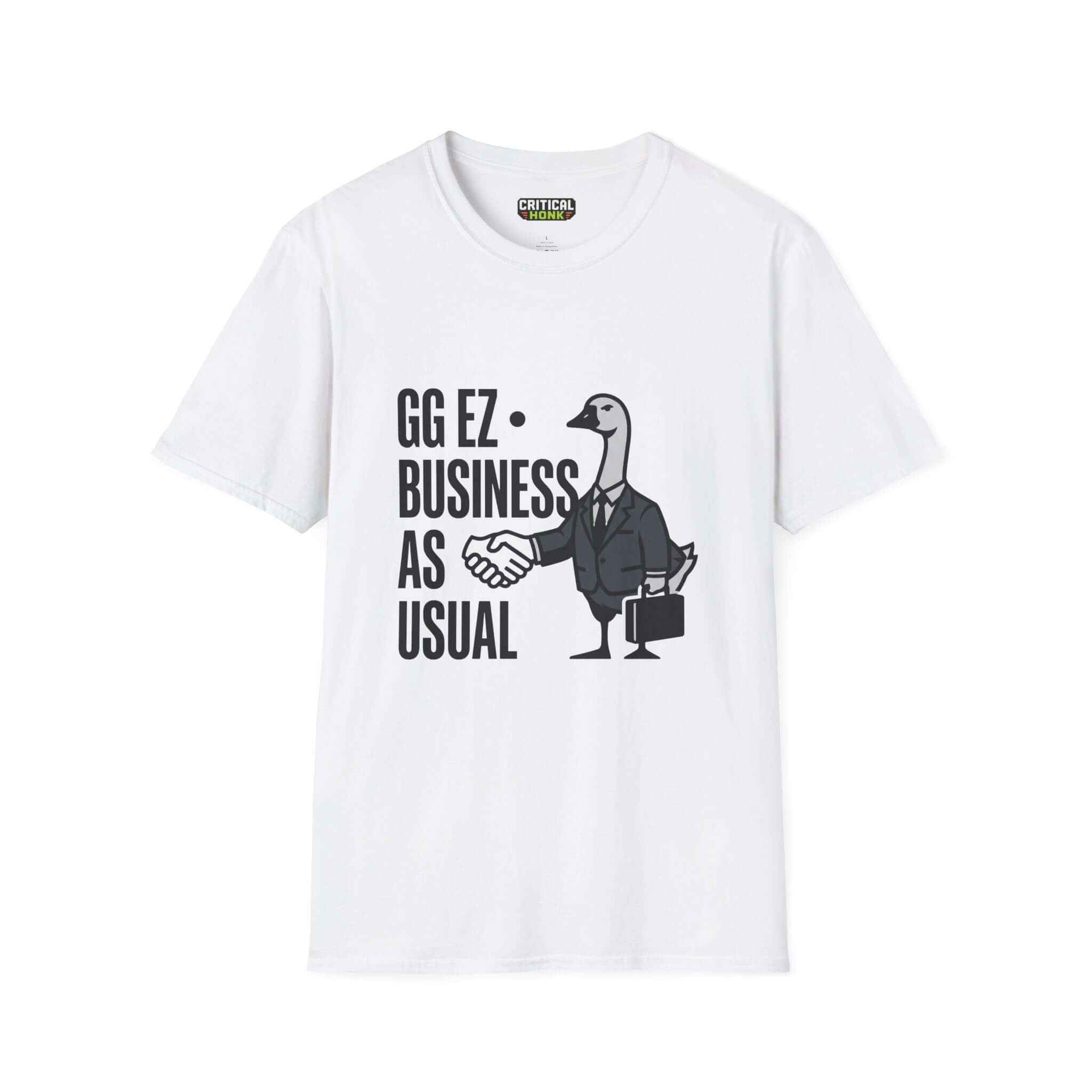 Ggez-business T-Shirt in white featuring a cartoon goose in a suit shaking hands, part of the Critical Honk Collection.