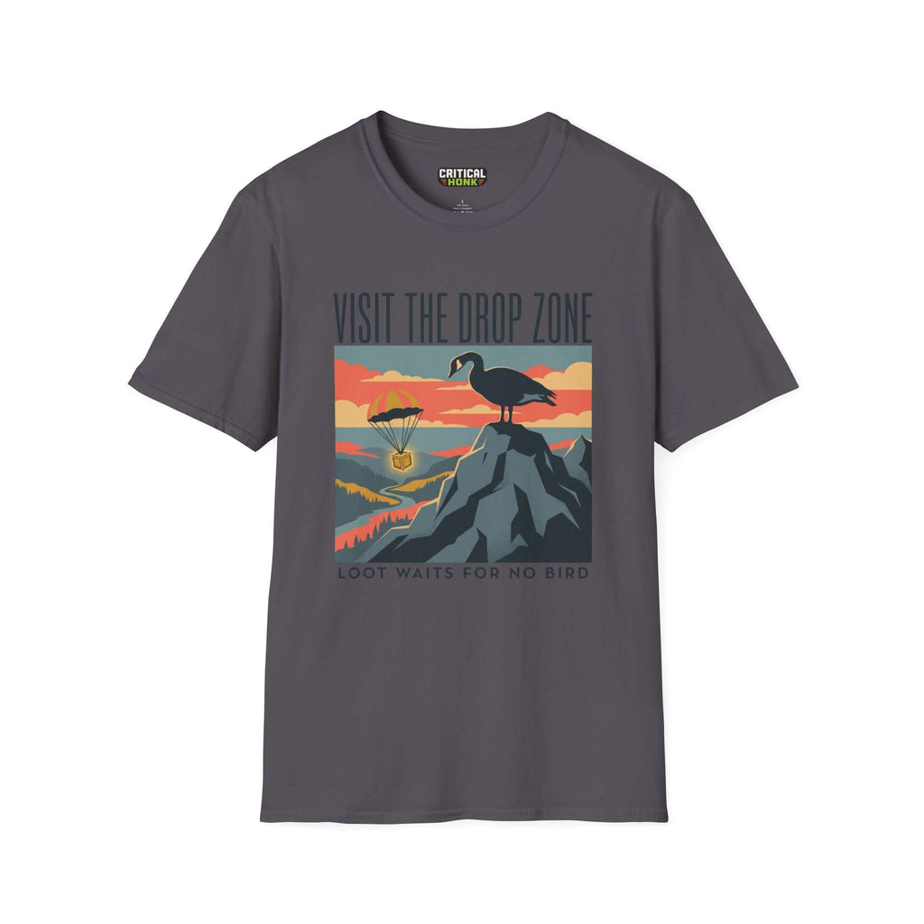 Visit the drop zone T-Shirt in charcoal featuring a graphic design with a crow and parachute, perfect for casual wear.