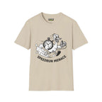 Speedrun menace T-Shirt in sand color featuring a playful graphic of a duck with a stopwatch.