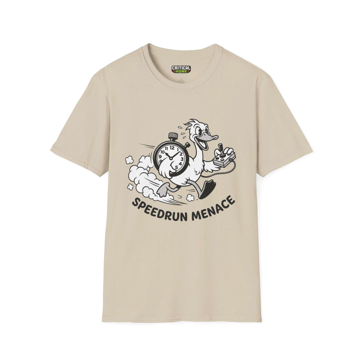 Speedrun menace T-Shirt in sand color featuring a playful graphic of a duck with a stopwatch.