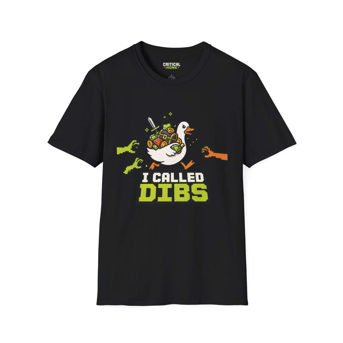 I-called-dibs T-Shirt featuring a playful duck design, black unisex fit, made of soft 100% ring-spun cotton.