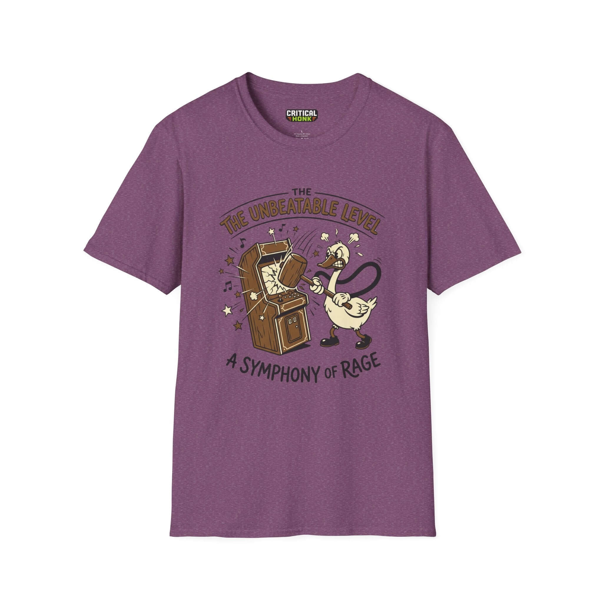 The unbeatable level T-Shirt in Heather Maroon featuring a whimsical design of a duck and an arcade cabinet.