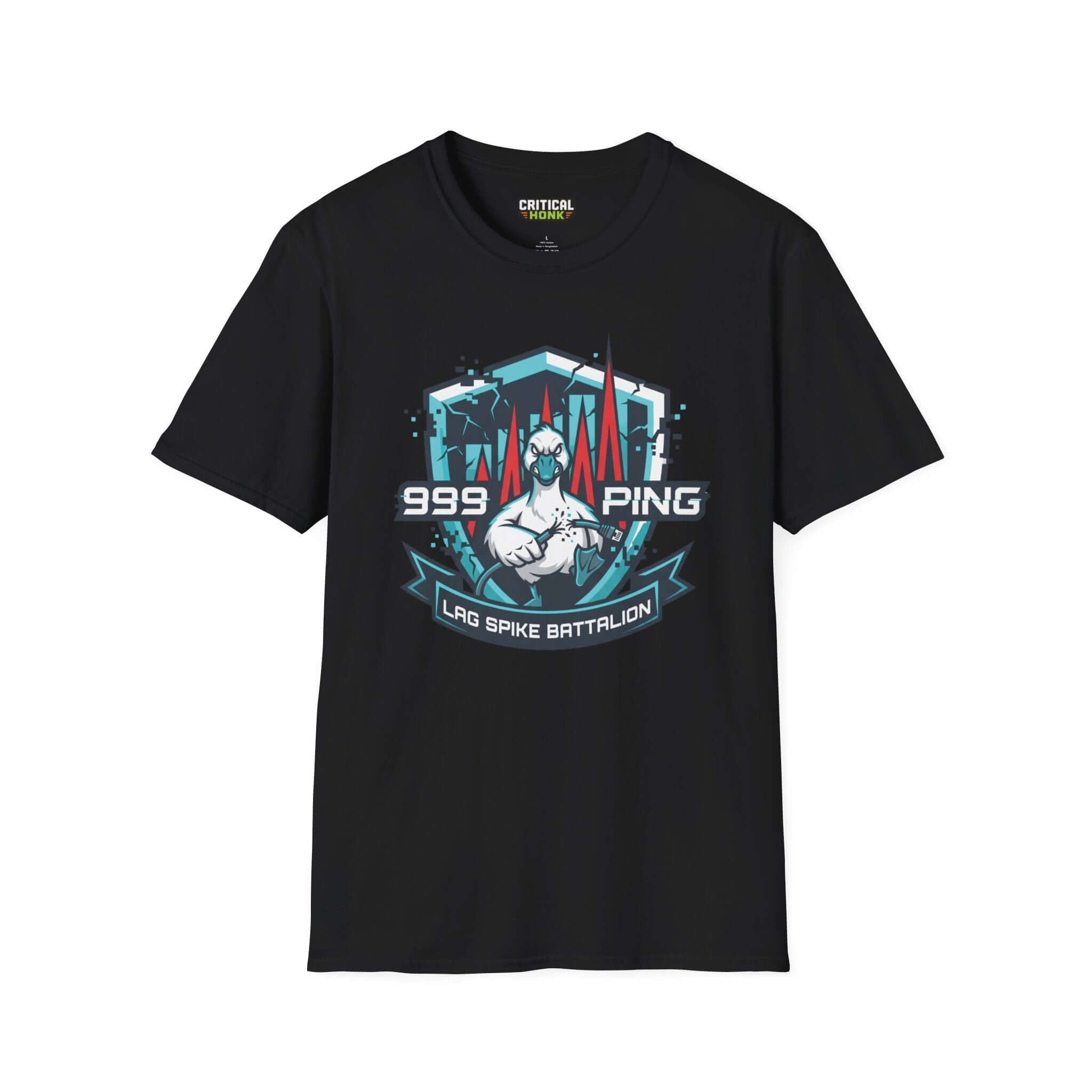 Lag spike T-Shirt featuring the 'Lag Spike Battalion' design on a black Gildan Softstyle shirt.