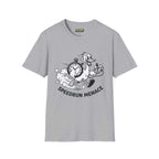 Graphical design of Speedrun menace T-Shirt featuring a playful duck running with a stopwatch on sport grey fabric.