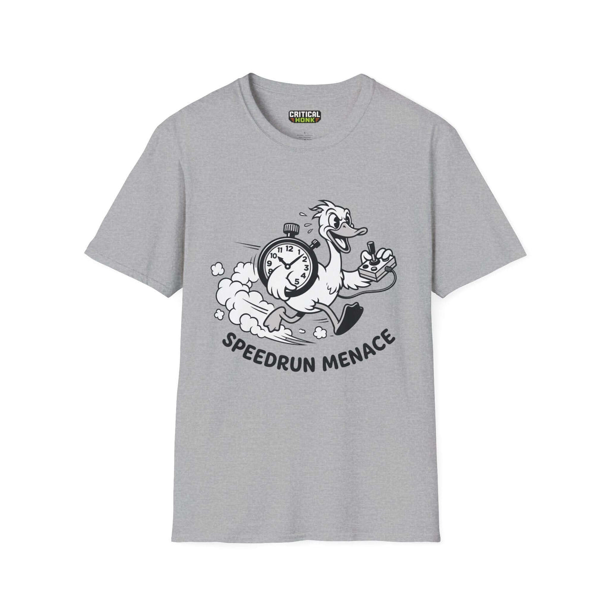 Graphical design of Speedrun menace T-Shirt featuring a playful duck running with a stopwatch on sport grey fabric.