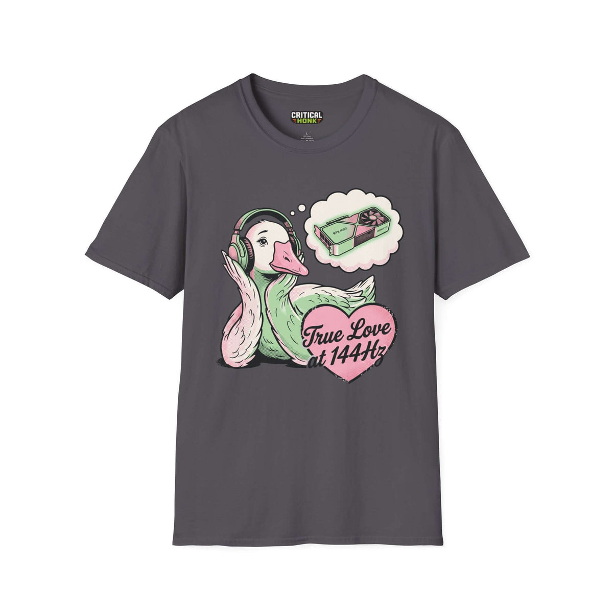 True love T-Shirt in charcoal color featuring a duck with headphones and the text 'True Love at 144Hz' from Critical Honk.
