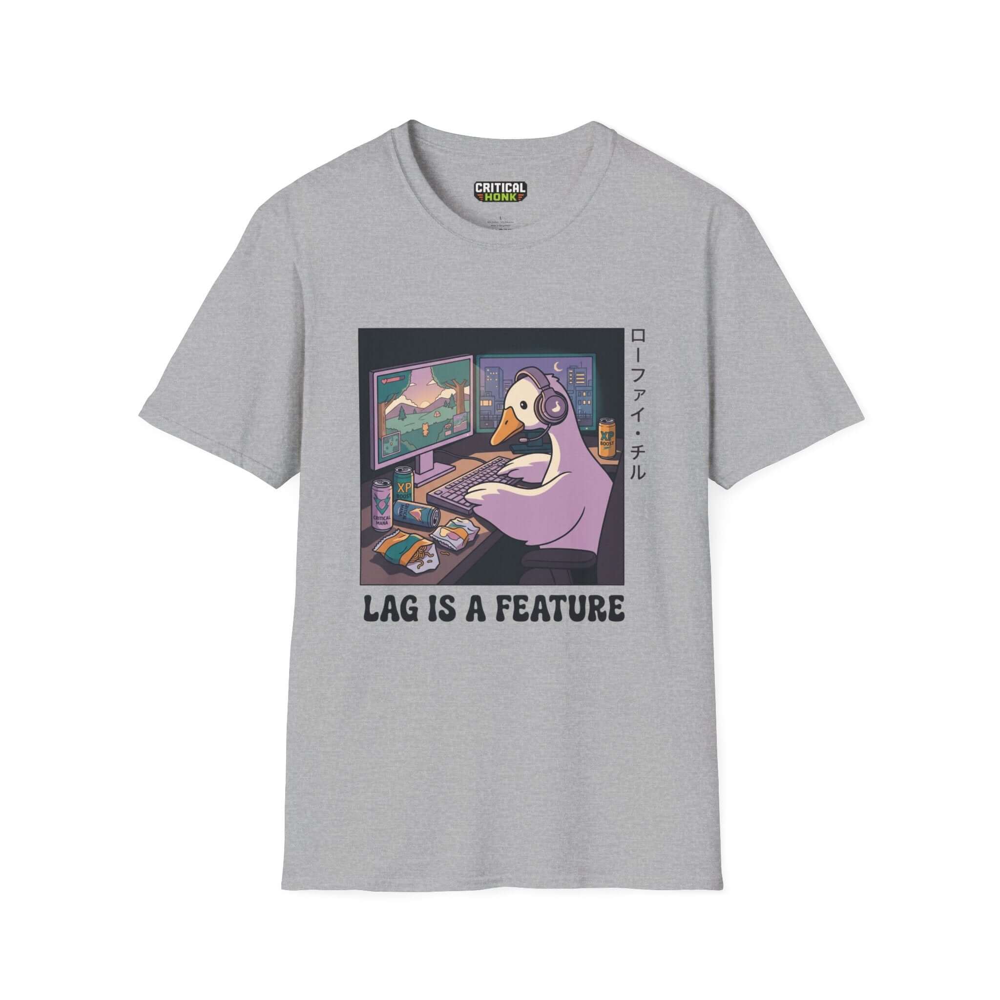 Lag is a feature T-Shirt in sport grey, featuring a gaming goose design, Gildan Softstyle® 64000, USA made.