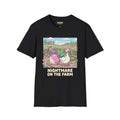 Nightmare on the farm T-Shirt featuring a whimsical farm scene on a black Gildan Softstyle shirt.