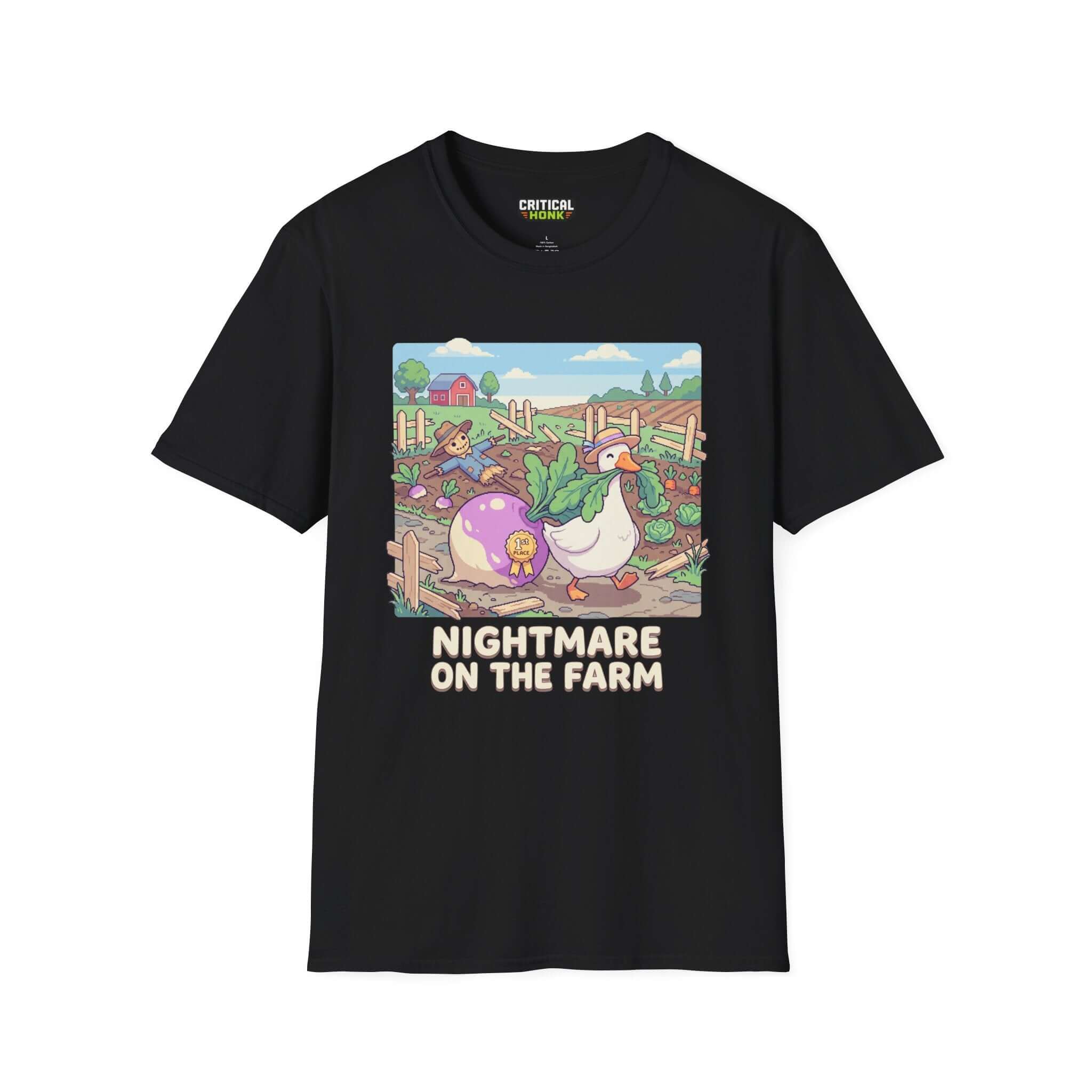 Nightmare on the farm T-Shirt featuring a whimsical farm scene on a black Gildan Softstyle shirt.