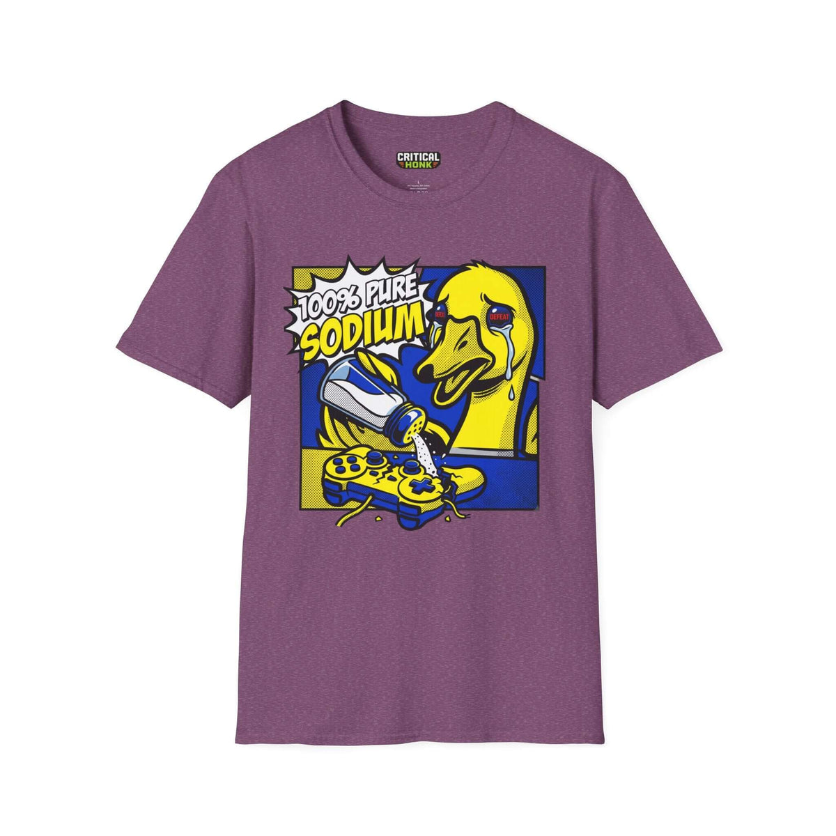 Pure sodium T-Shirt in heather maroon featuring a cartoon duck and gaming controller design.