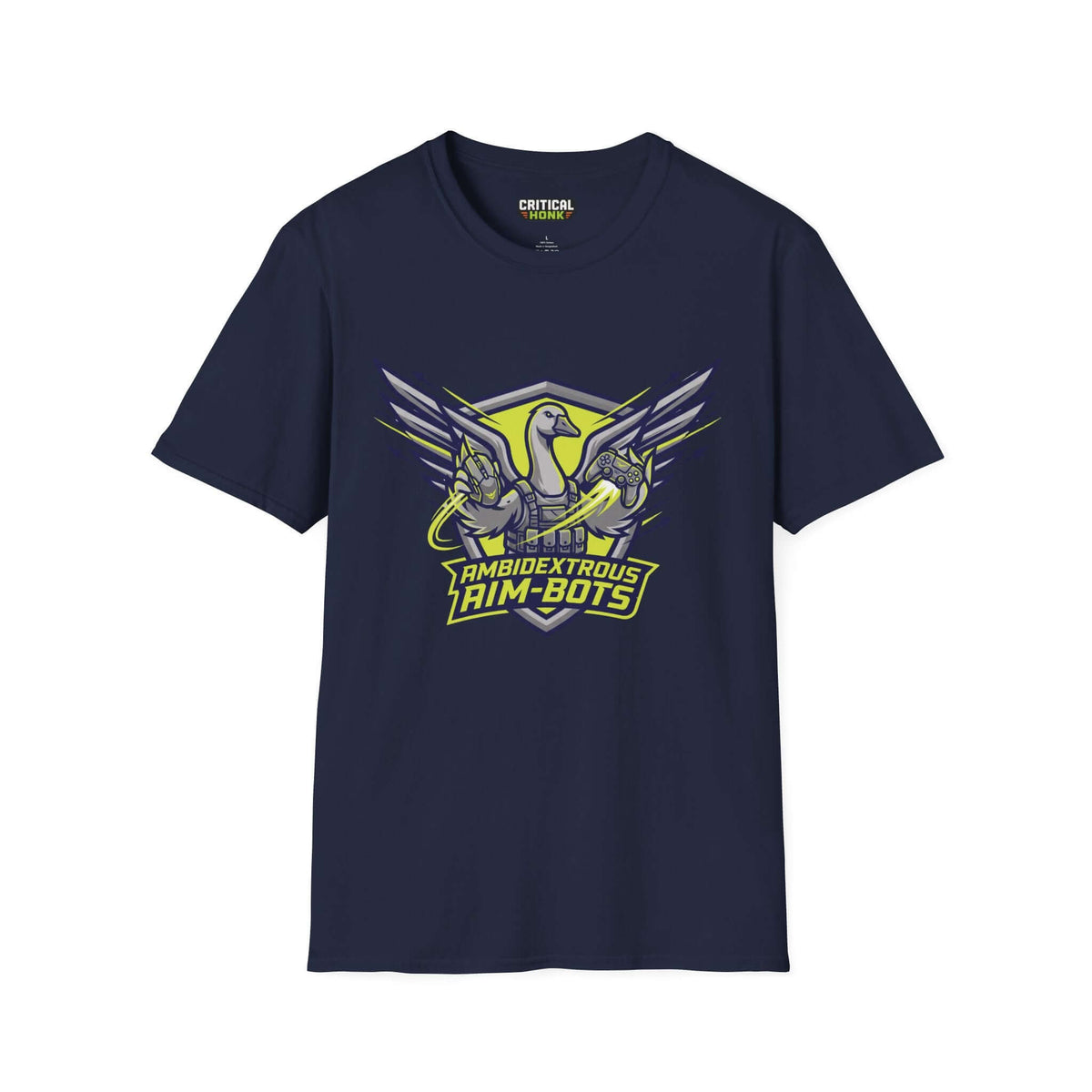 Ambidextrous goose T-Shirt in navy featuring aim-bots graphic design from Critical Honk collection.
