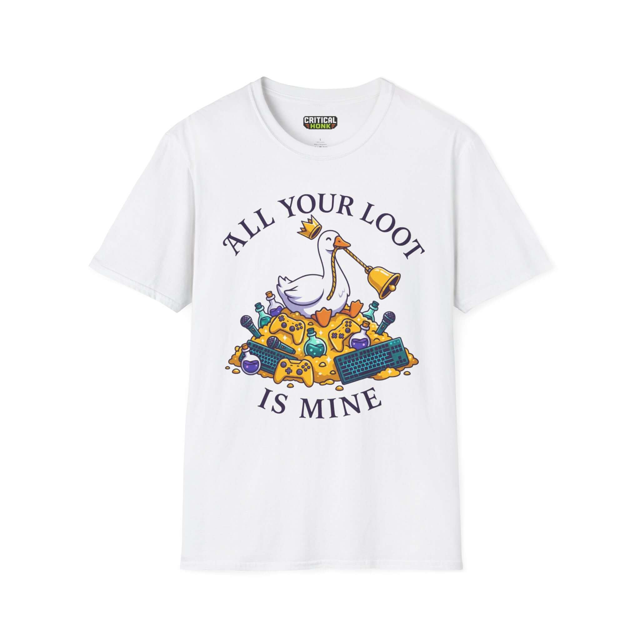 All your loot is mine T-Shirt in white featuring a duck and gaming items, Gildan Softstyle, unisex fit.