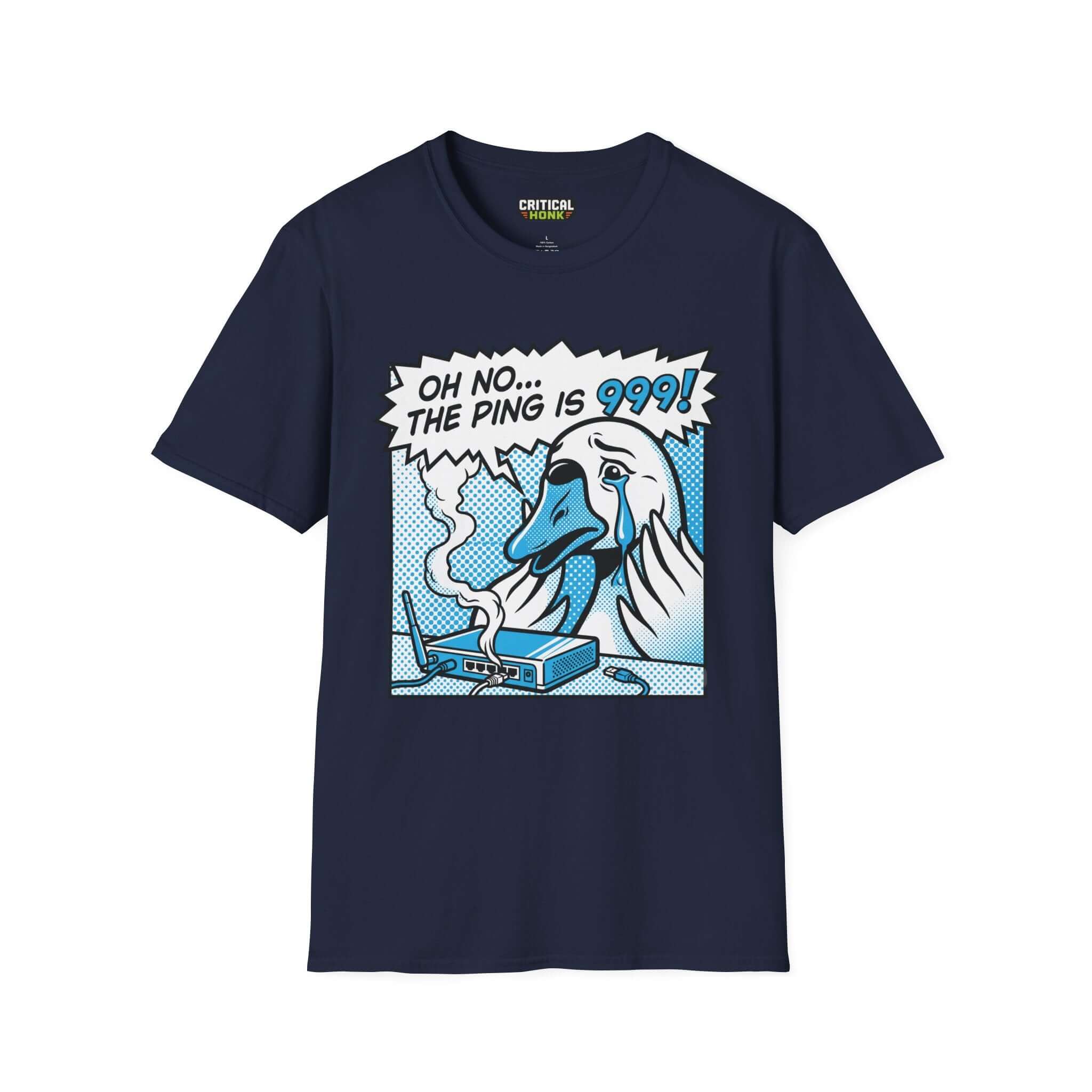 Ping 999 T-Shirt featuring a humorous design, navy blue color, unisex fit, made from 100% ring-spun cotton.
