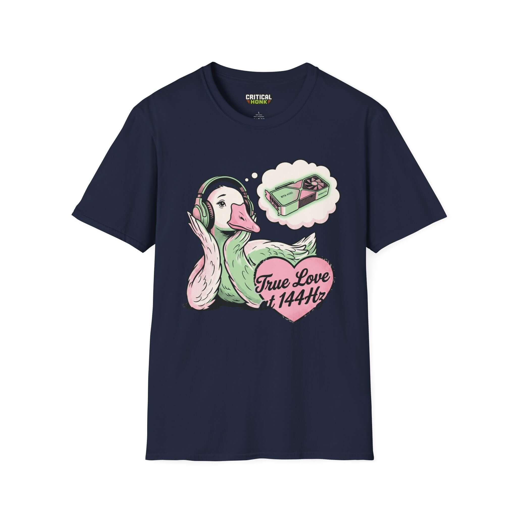 True love T-Shirt in navy featuring a duck with headphones and a heart design, perfect for casual wear.