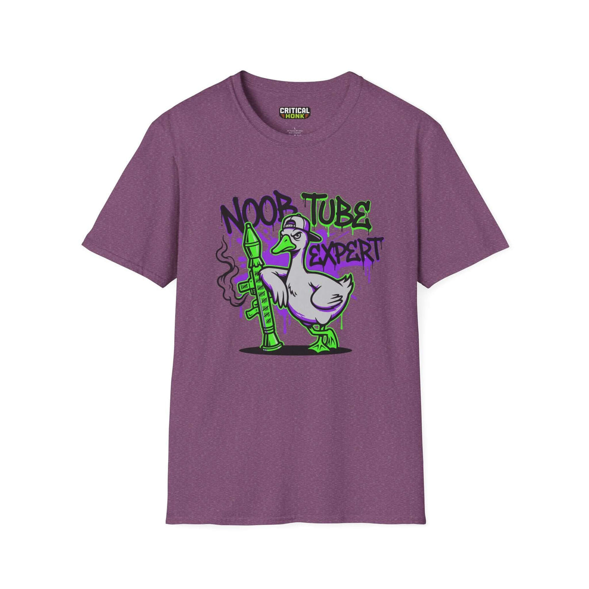 Noob tube T-Shirt in Heather Maroon featuring a cartoon duck holding a noob tube, part of the Critical Honk Collection.