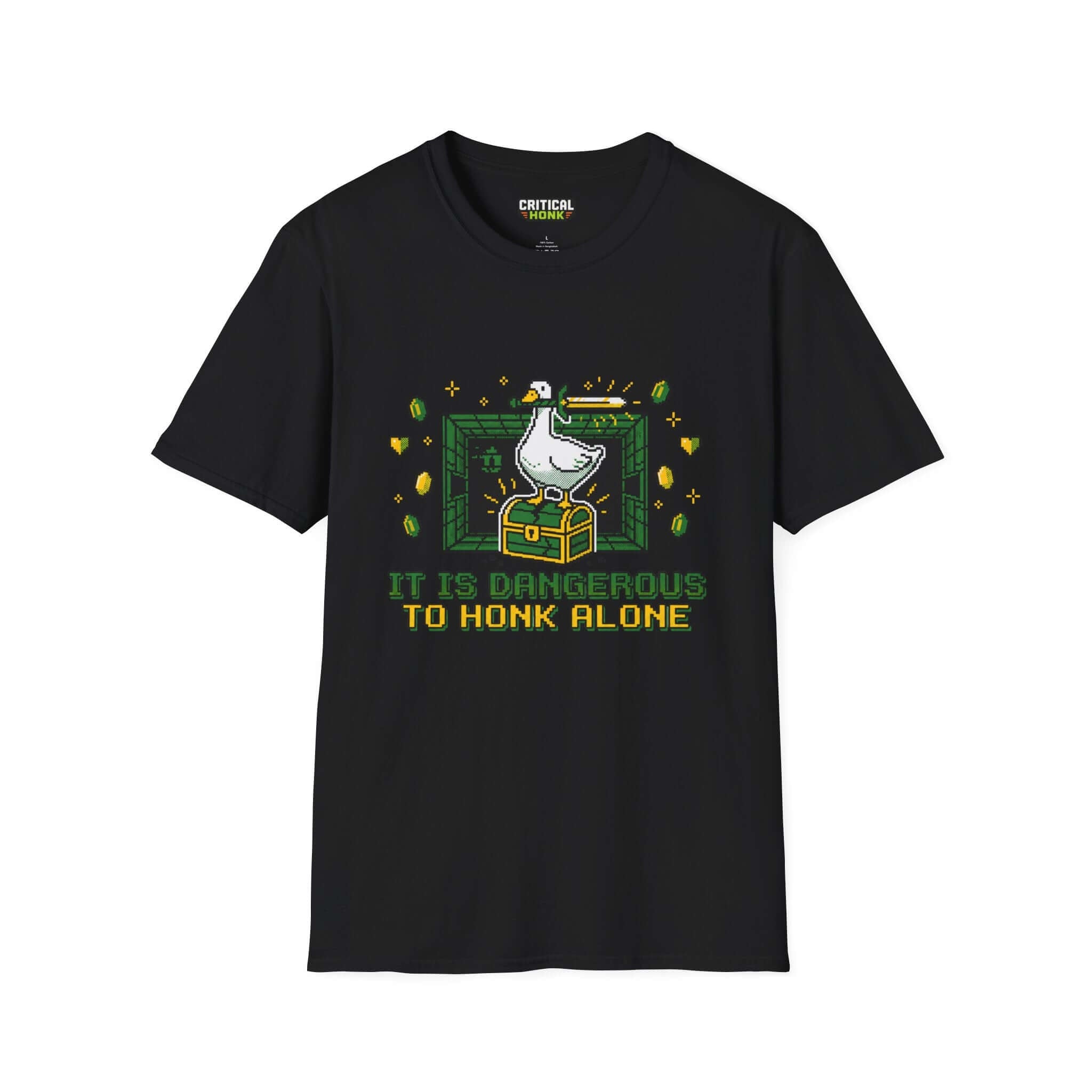 Is dangerous T-Shirt featuring a duck design on a black Gildan Softstyle shirt, part of the Critical Honk Collection.